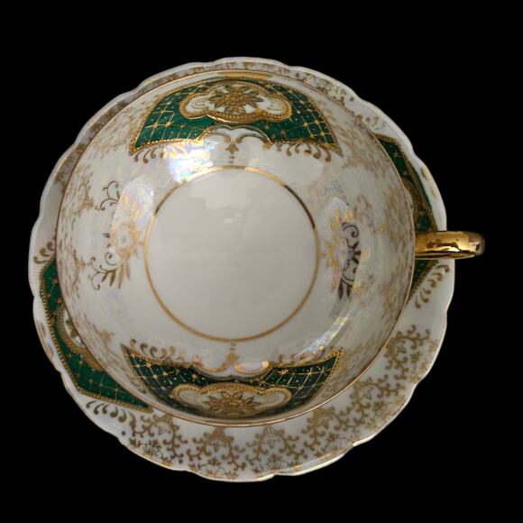 Royal Sealy Japan Pedestal Luster Footed Teacup & Saucer Green Gold Floral - Picture 6 of 10